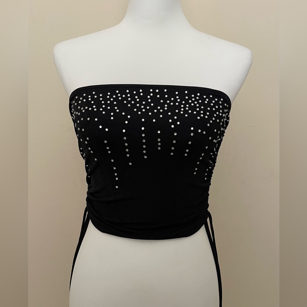 MOTEL ROCKS - black, strapless, bedazzled top - adjustable ruching on side - M